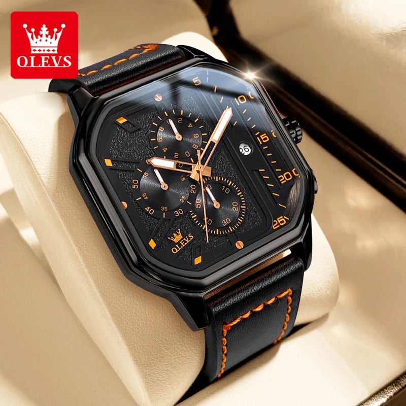 OLEVS Business Casual Fashion Watch Quadratische Quarzuhr Leder Datum Uhren für Herren Wasserdicht Leuchtend Herrenuhren 9950