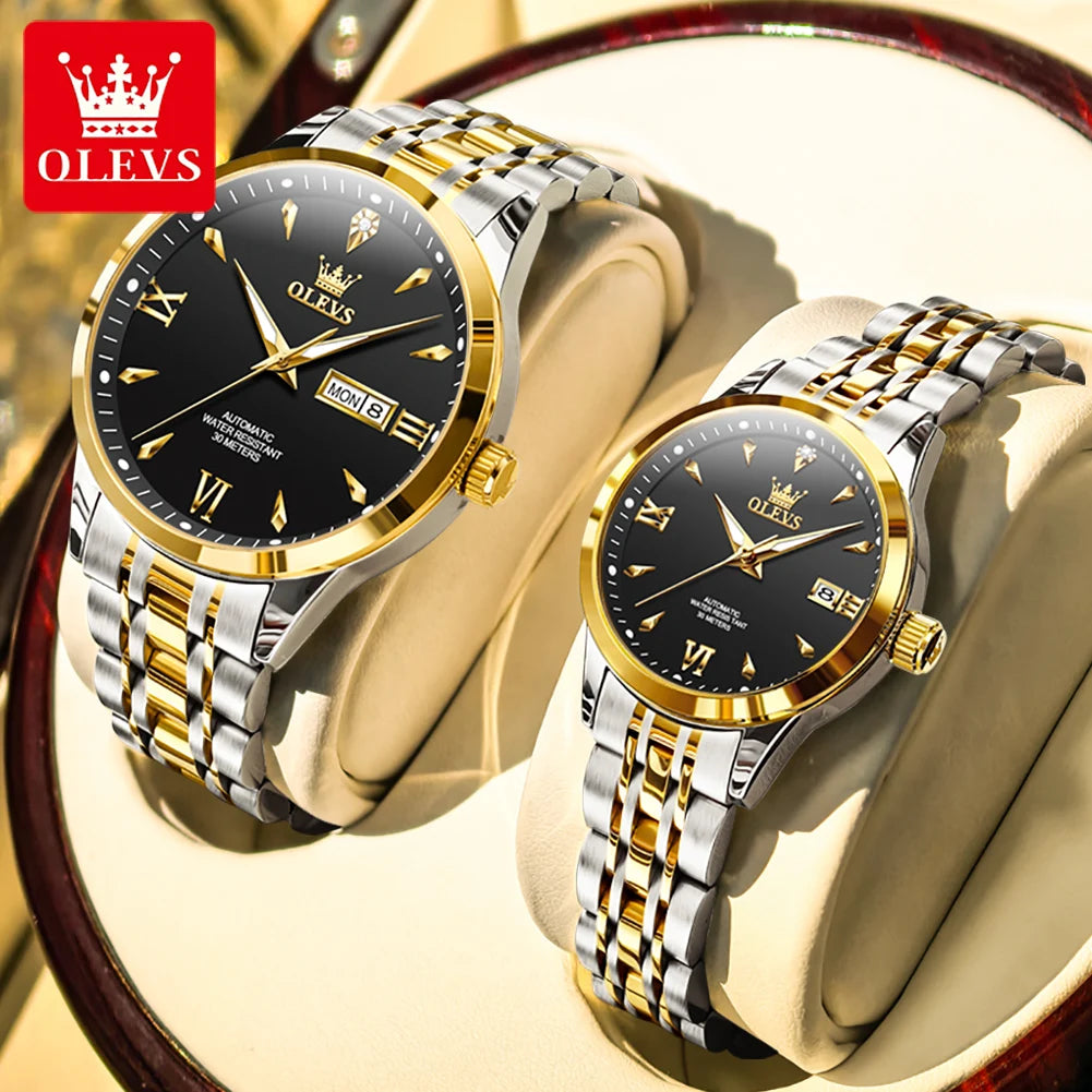 OLEVS 9956 Uhren für Paare Automatische Mechanische Uhren Dual-Kalender Original Edelstahl Zeigeruhr Wasserdicht 9956