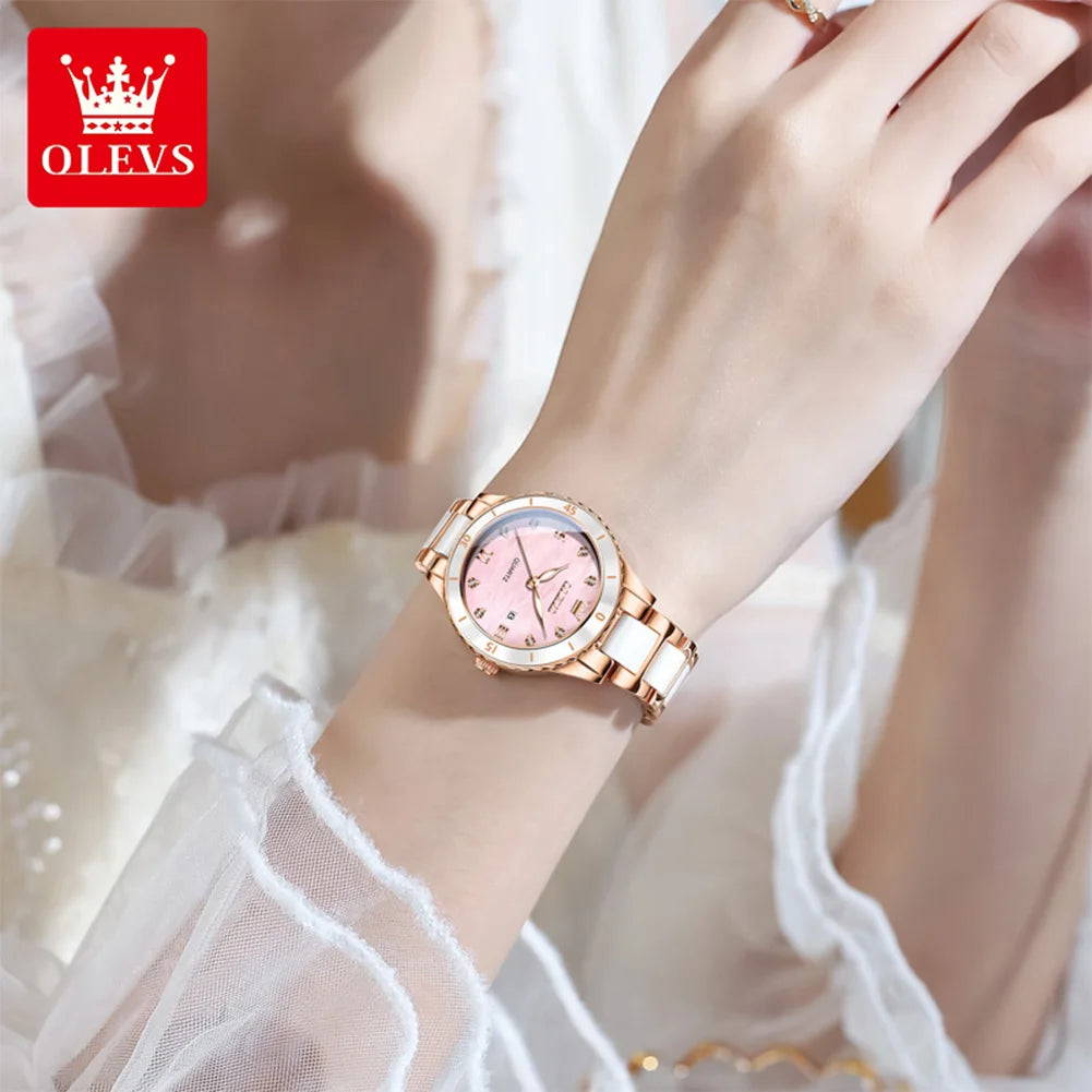 OLEVS 9985 Damenuhr Keramik Armband Mode Datum Quarzuhr für Damen Top Marke Wasserdicht Elegante Damenuhr