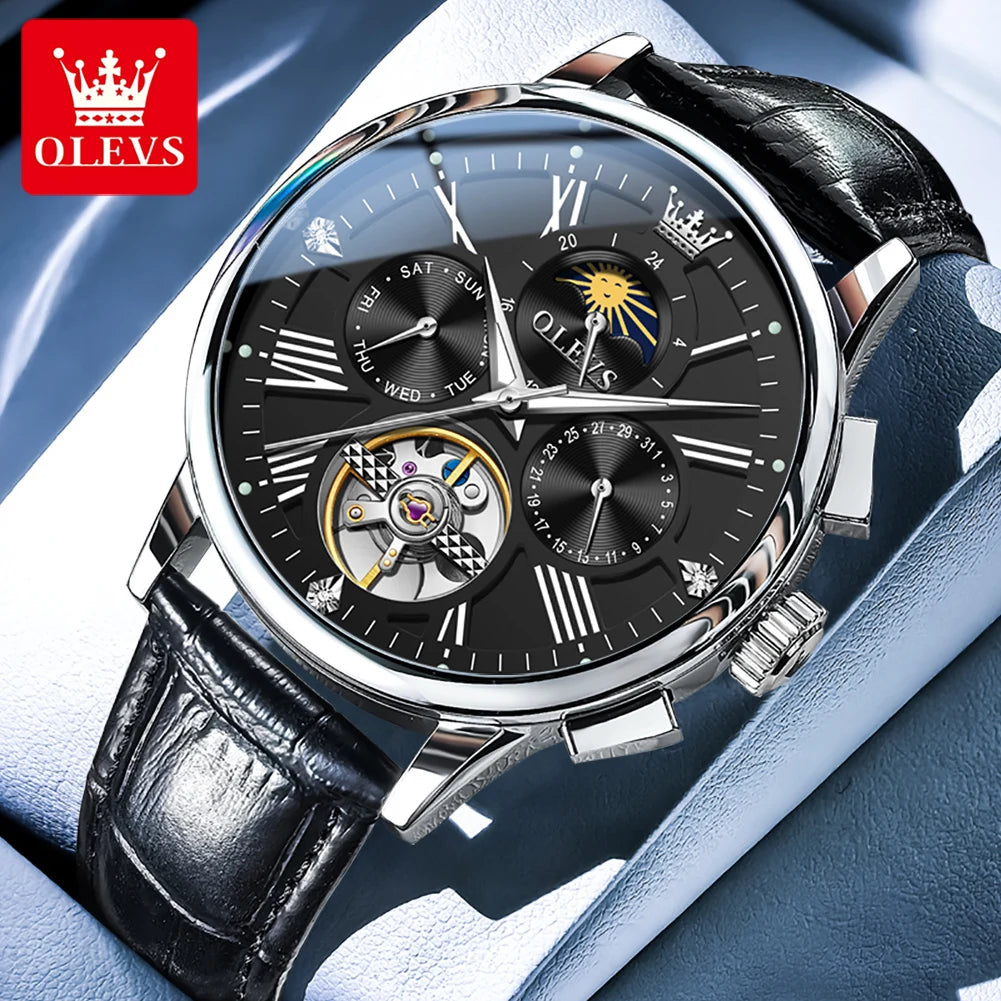 OLEVS Luxus-Herrenuhren Original Fashion Skeleton Automatische mechanische Uhren Wasserdichte Mondphasenuhren für Männer 9912