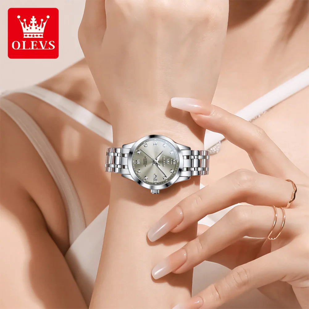 OLEVS Uhren Damen Automatikuhr Mechanische Uhr Mode Original Diamant Skala Damenuhr Kalender Luxus Kleid Handuhr 9946