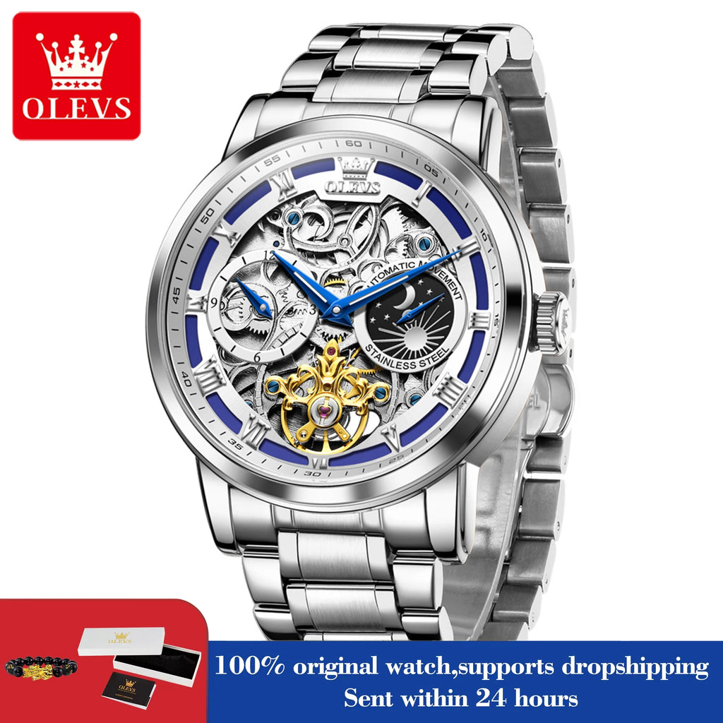 OLEVS Herrenuhr Original Luxusmarke Skelett Mechanische Armbanduhr Mondphase Wasserdicht Business Herrenuhr 6670