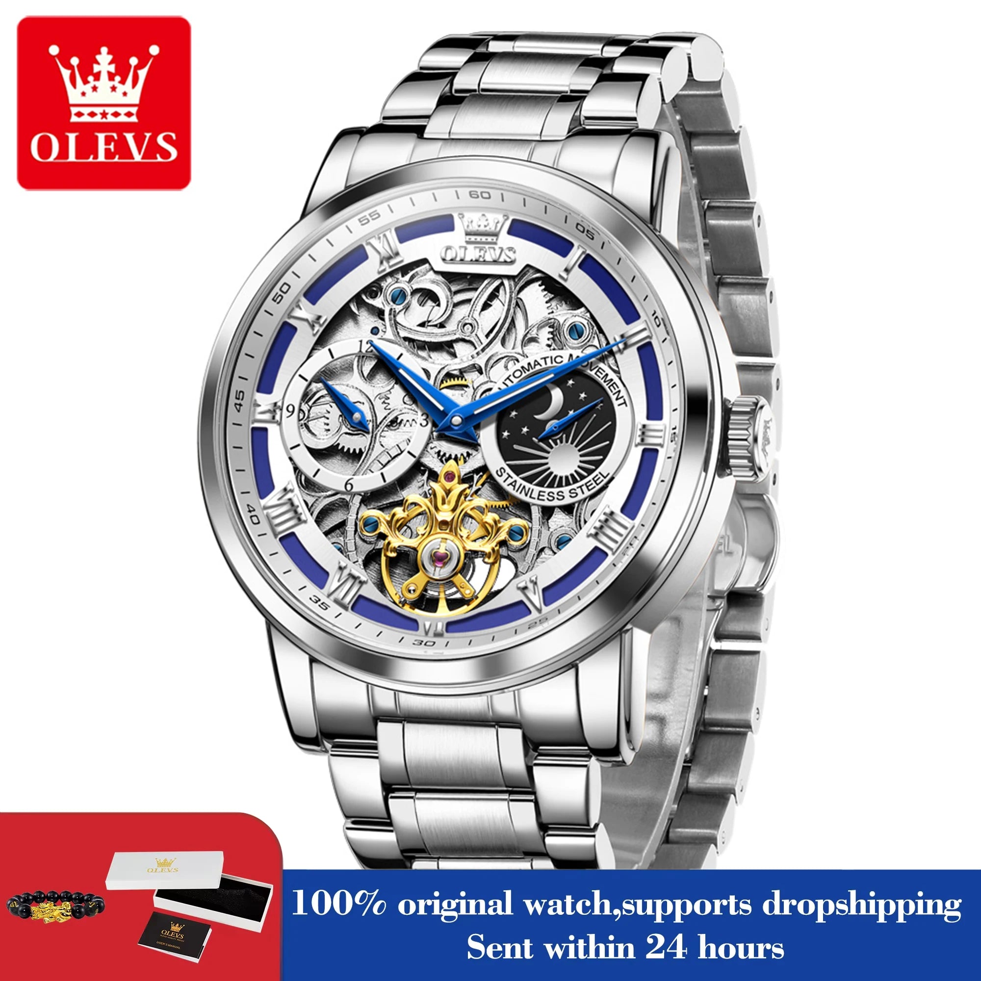 OLEVS Herrenuhr Original Luxusmarke Skelett Mechanische Armbanduhr Mondphase Wasserdicht Business Herrenuhr 6670