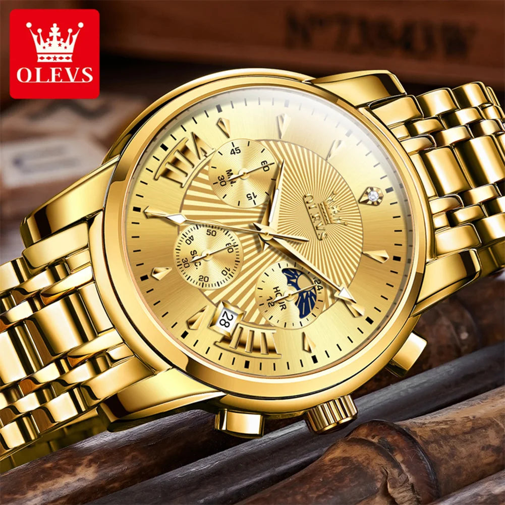 OLEVS 2892 Uhr Herren Schlicht Luxus Quarz Uhr für Herren Top Marke Chronograph Mondphase Wasserdichte Dress-Armbanduhr Leuchtend
