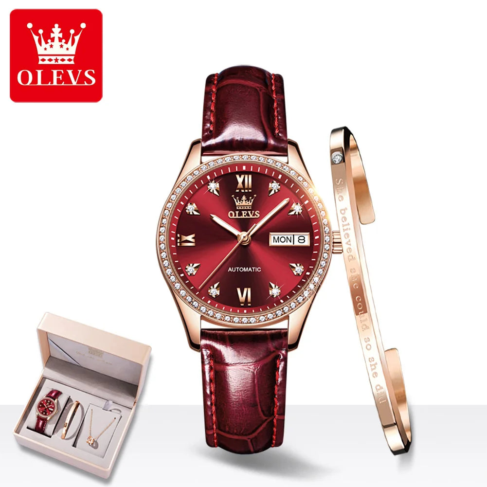 OLEVS 6637 Damenarmbanduhren Wasserdichte Dual-Kalender Mechanische Uhr für Frauen Original Diamant-Skala Leuchtende Luxus-Handuhr