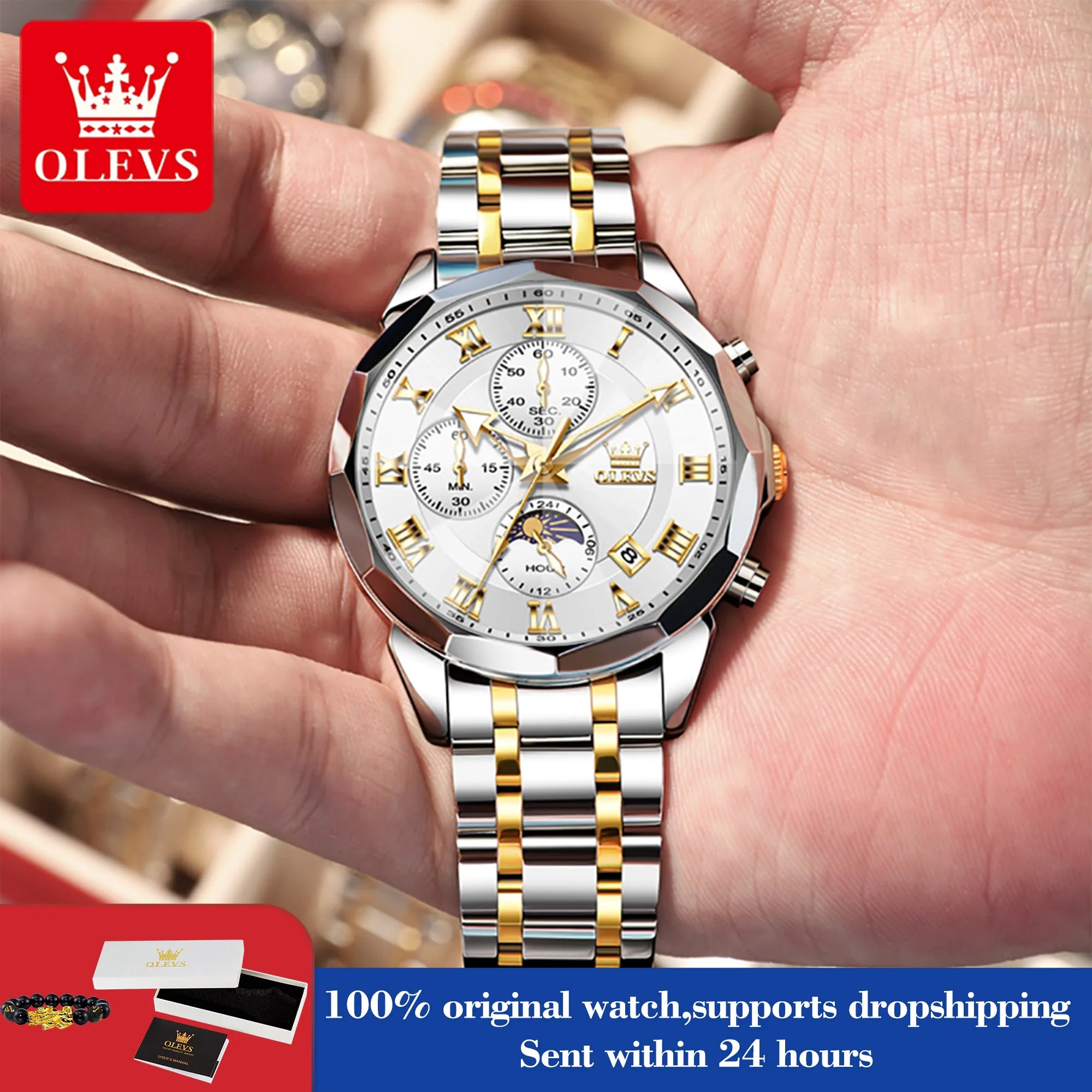 OLEVS 3675 Watch For Men Roman Scale Luxury Rhombus Mirror Chronograph Man Hand Clock Moon Phase Date Waterproof Quartz Watches