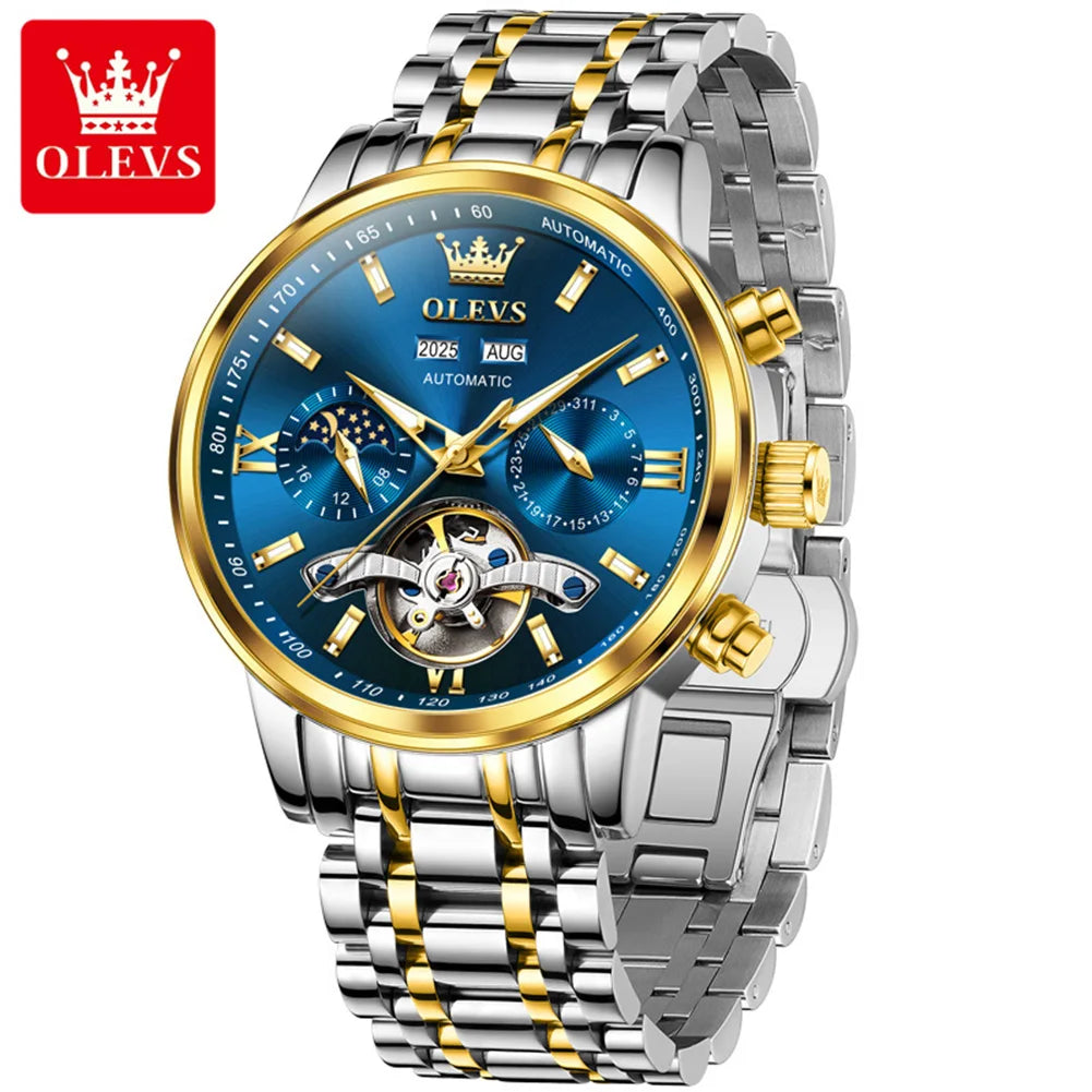 OLEVS 6740 Uhren für Herren, original luxuriöse Automatikuhren mit Schwungrad, Mondphase, wasserdicht, leuchtende Geschenke