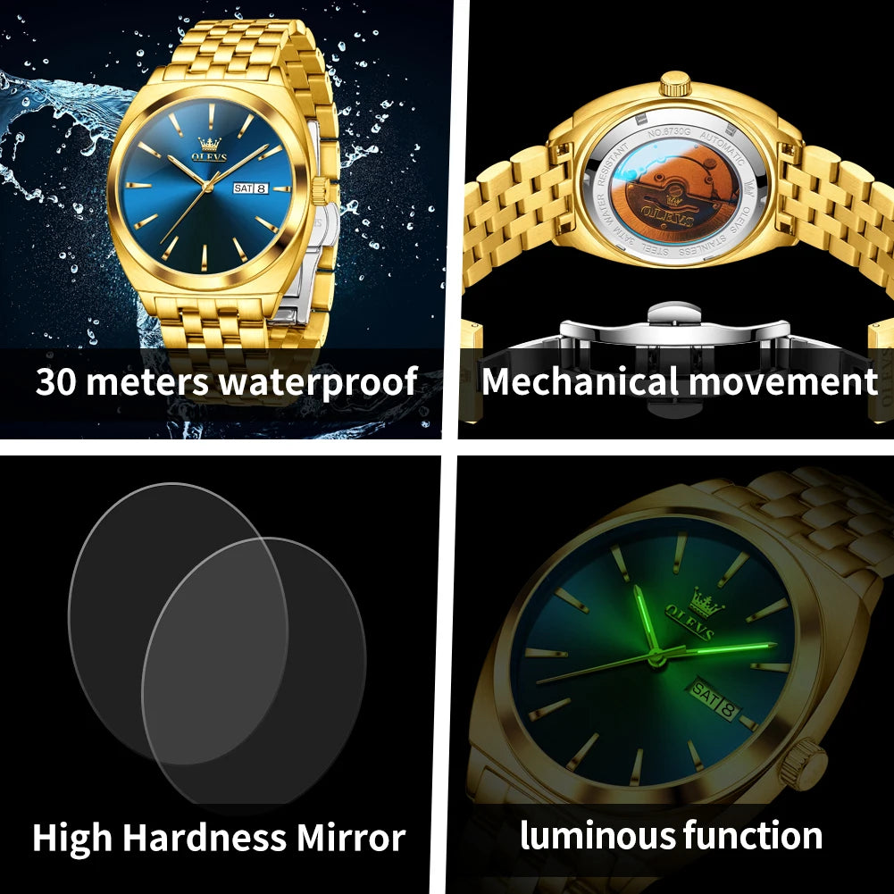OLEVS 6730 Herrenuhr Luxus Tonneau Automatische Mechanische Herrenarmbanduhr Stahlarmband Doppeltes Kalendarium Wasserdichte Uhr Für Herren