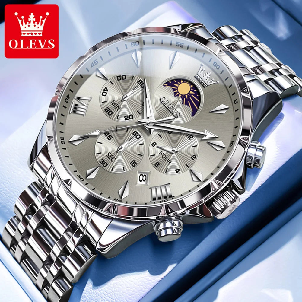 OLEVS 3653 Watch For Men Original Chronograph Quartz Male Hand Clock Steel Strap Moon Phase Date Waterproof Top Brand Man Watch