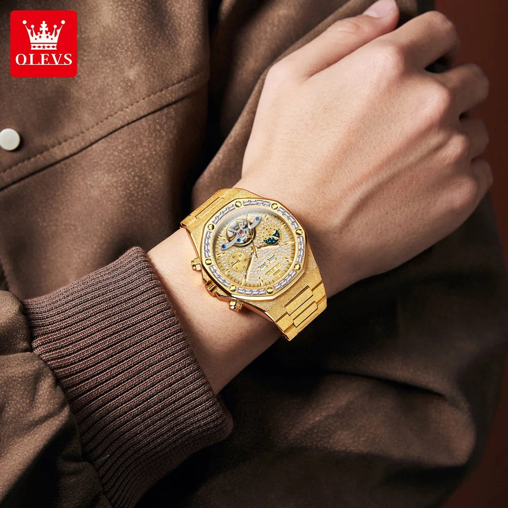 OLEVS 9805 Herrenuhr Luxus Klassische Hohl Skelett Diamant Wasserdichte Herren Handuhr Mondphase Datum Mechanische Uhr Für Männer