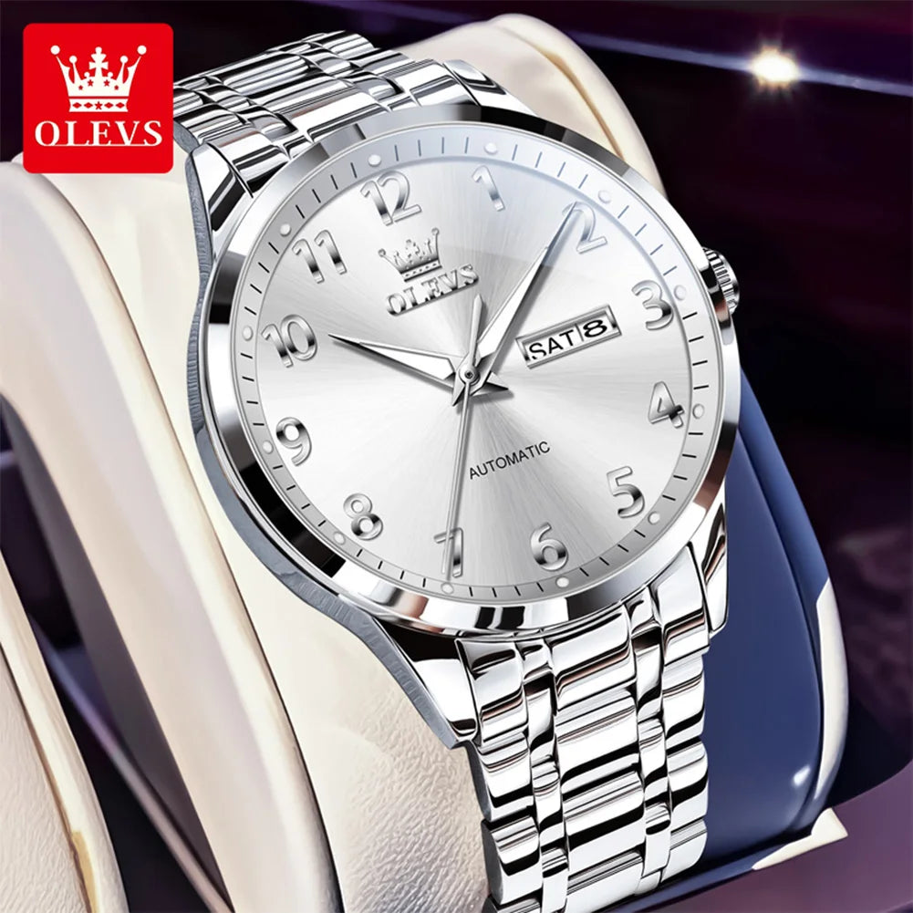 OLEVS 7078 Herren Automatikuhr Top-Marke Doppelte Kalender Mechanische Uhr Für Männer Ziffernblatt Business Armbanduhr Stahlarmband