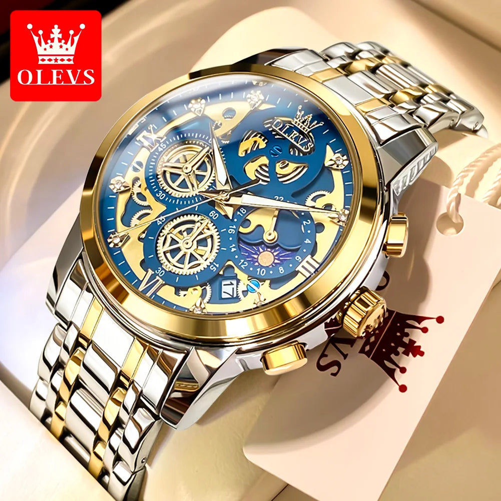 OLEVS 9947 Original Klassische Skelett Quarzuhren für Herren Marke Wasserdichte Edelstahl Kalender Herren Armbanduhr