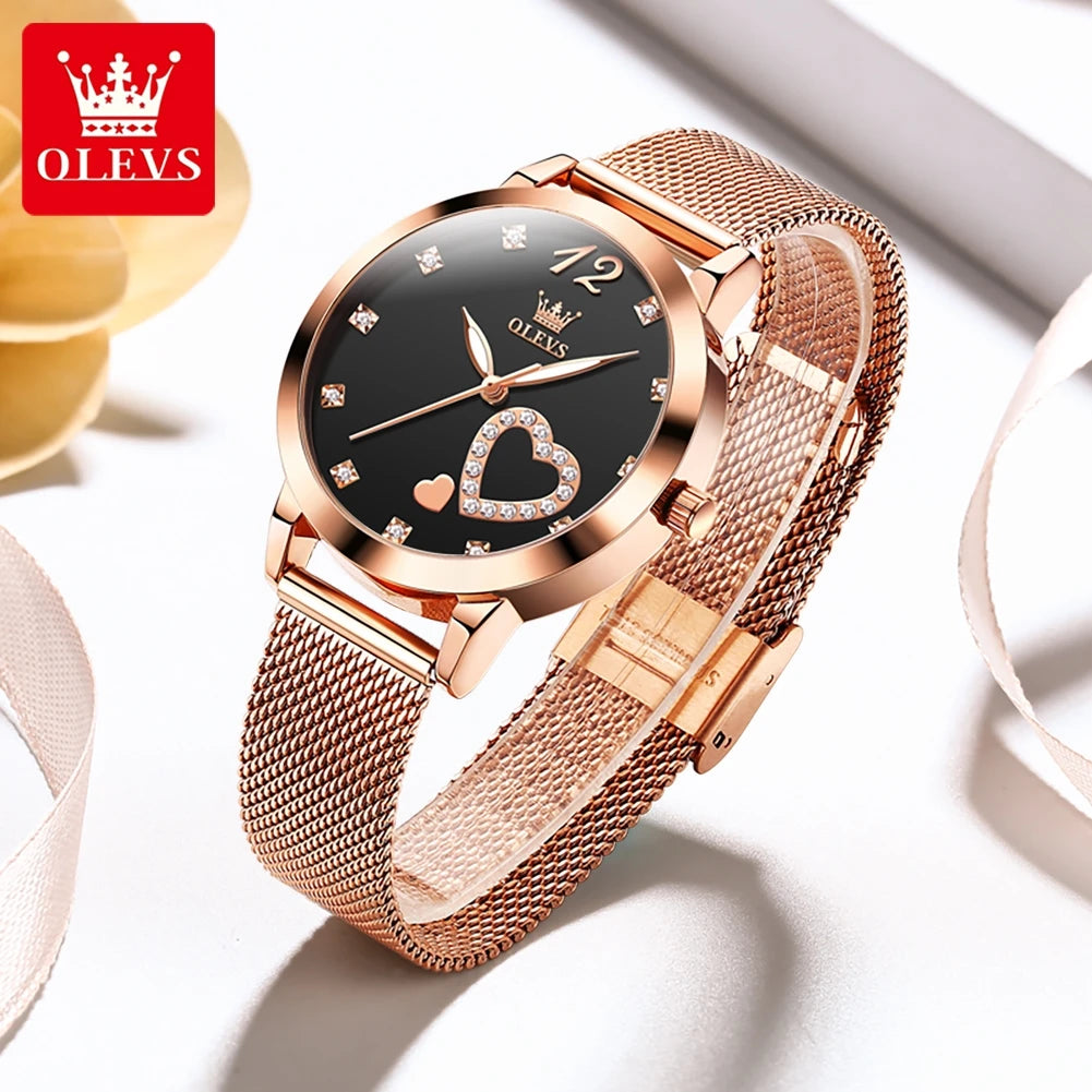 OLEVS 5189 Damenuhr Luxus Ultr dünne Quarzuhr Damen Mesh-Stahlarmband Herzförmiges Zifferblatt Wasserdichte Damenuhr