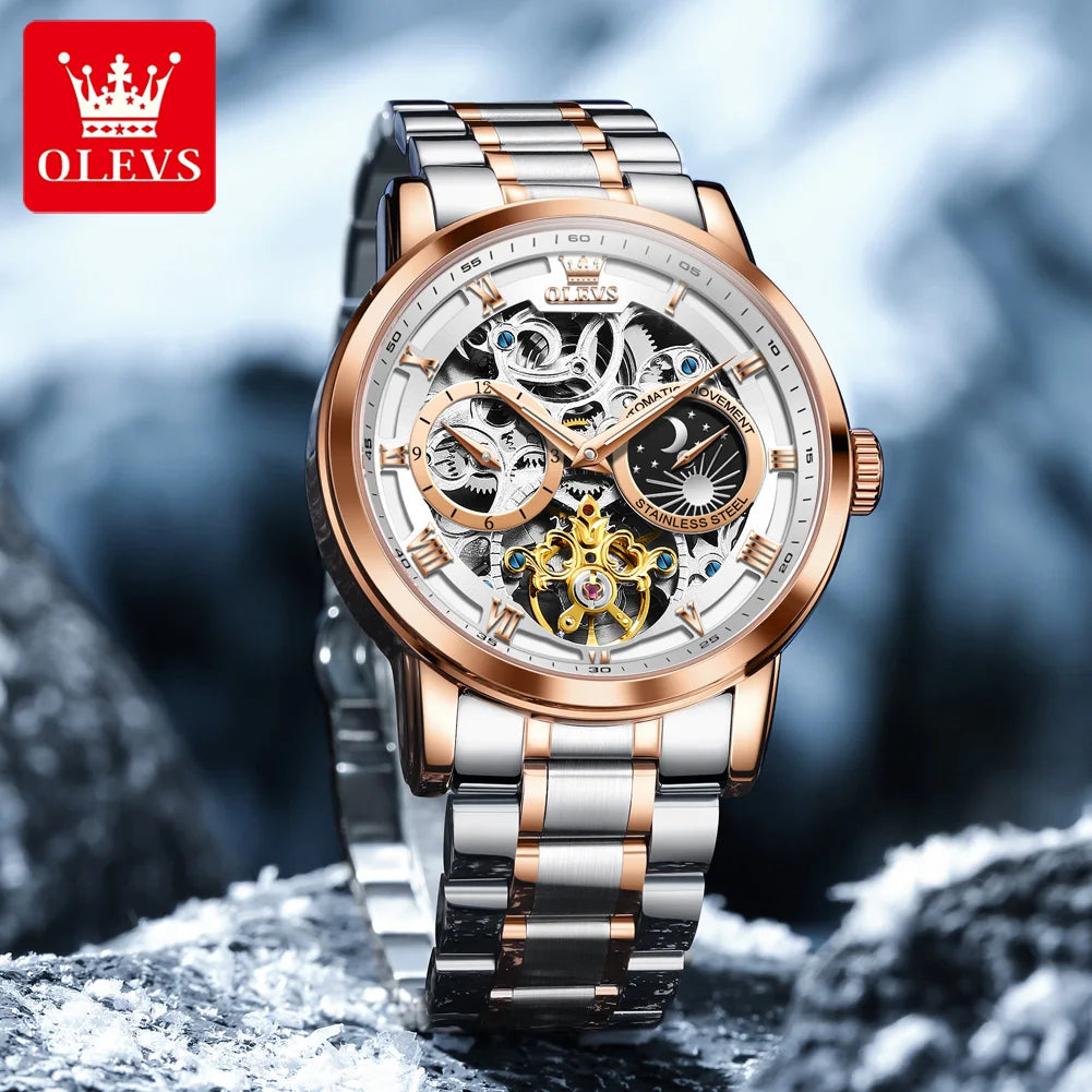 OLEVS Herrenuhr Original Luxusmarke Skelett Mechanische Armbanduhr Mondphase Wasserdicht Business Herrenuhr 6670