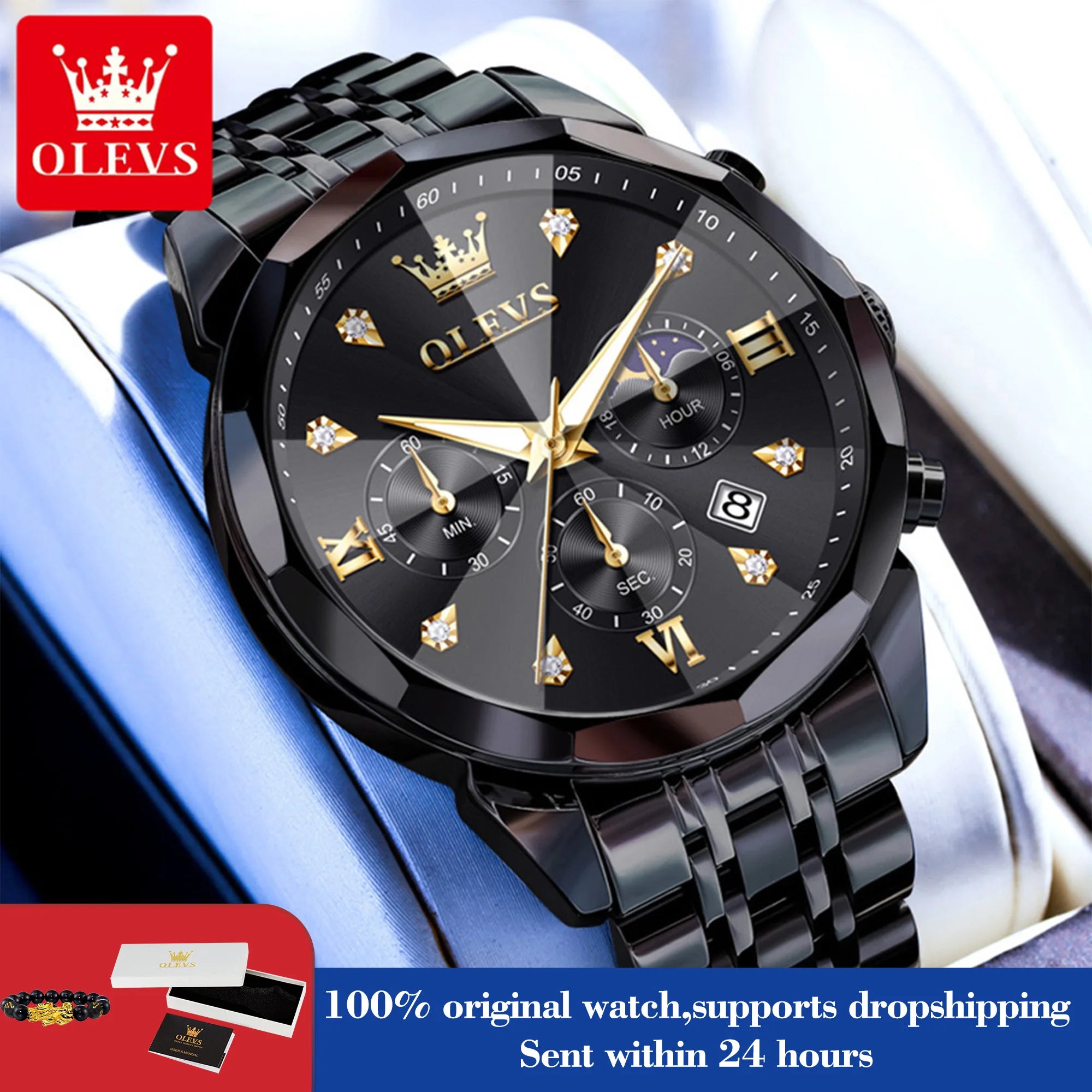 OLEVS 3670 Men's Watch Fashion Date Moon Phase Luminous Quartz Watch For Men Luxury Chronograph Waterproof Business Hand Clock