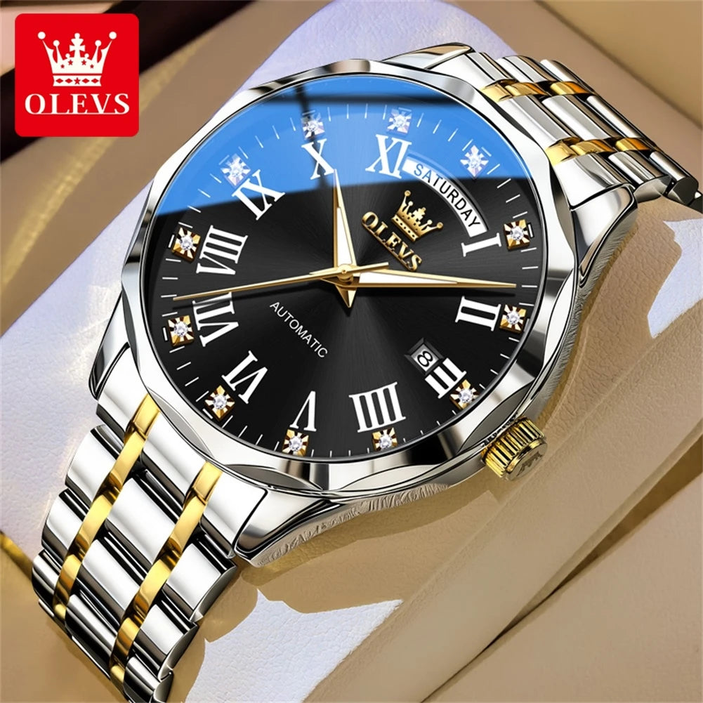 OLEVS 6780 Luxus Business Automatikuhr für Herren, römische Ziffern, Doppelkalender, wasserdicht, Edelstahl