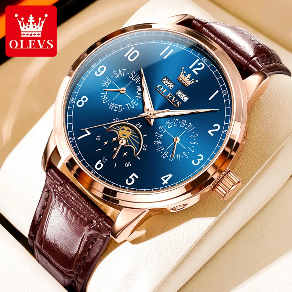 OLEVS 6698 Herren Automatikuhr mit Zifferblatt, Mondphase, mechanisch, für Herren, 42 mm großes Zifferblatt, wasserdicht, Leder, Herrenuhr