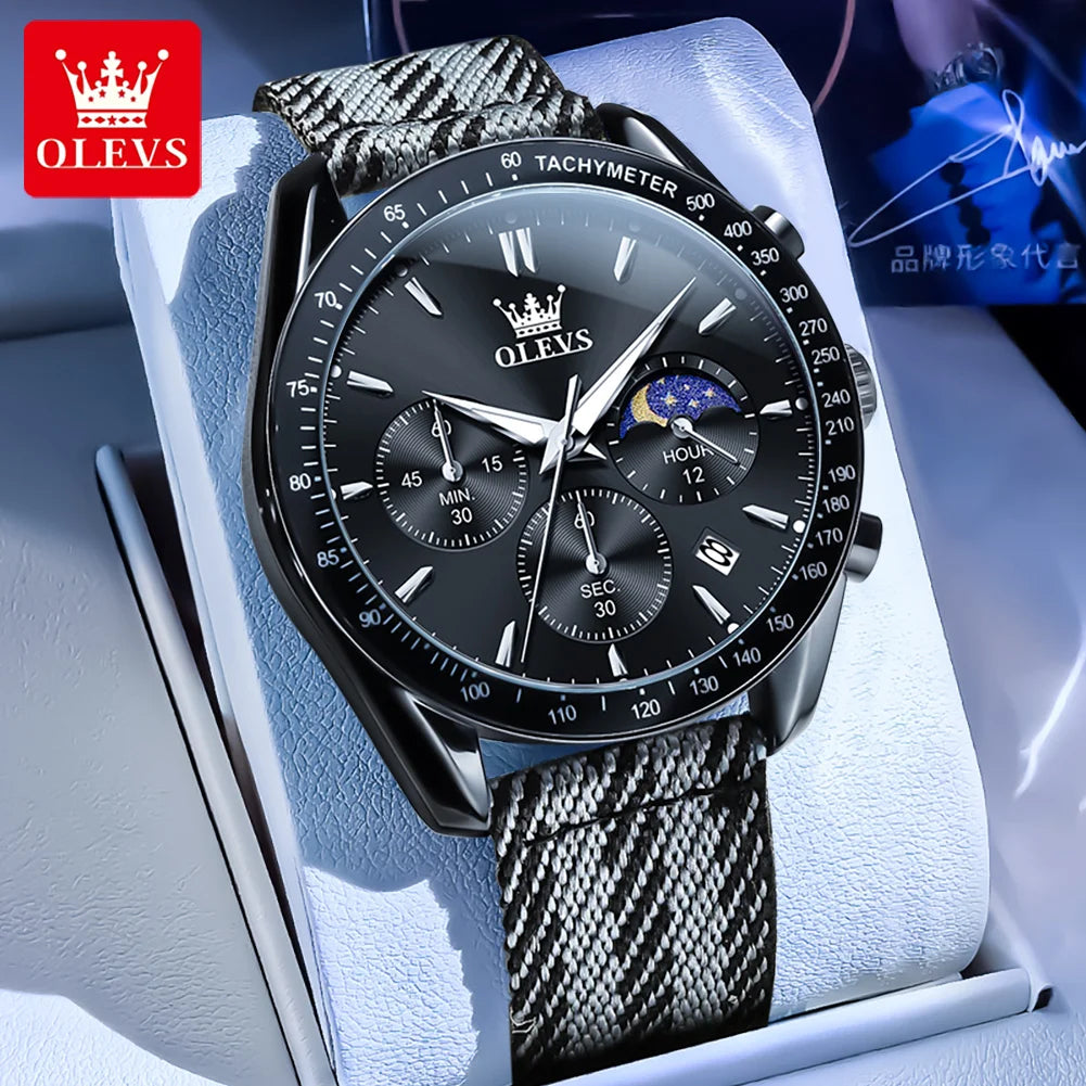 OLEVS 3630 Quartz Man Watch Date Chronograph 24 Hour Moon Phase Waterproof Watch For Men Fashion Nylon Strap Original Hand Clock