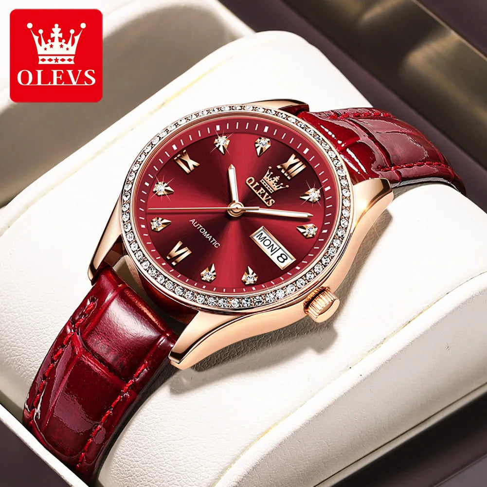 OLEVS 6637 Damenarmbanduhren Wasserdichte Dual-Kalender Mechanische Uhr für Frauen Original Diamant-Skala Leuchtende Luxus-Handuhr