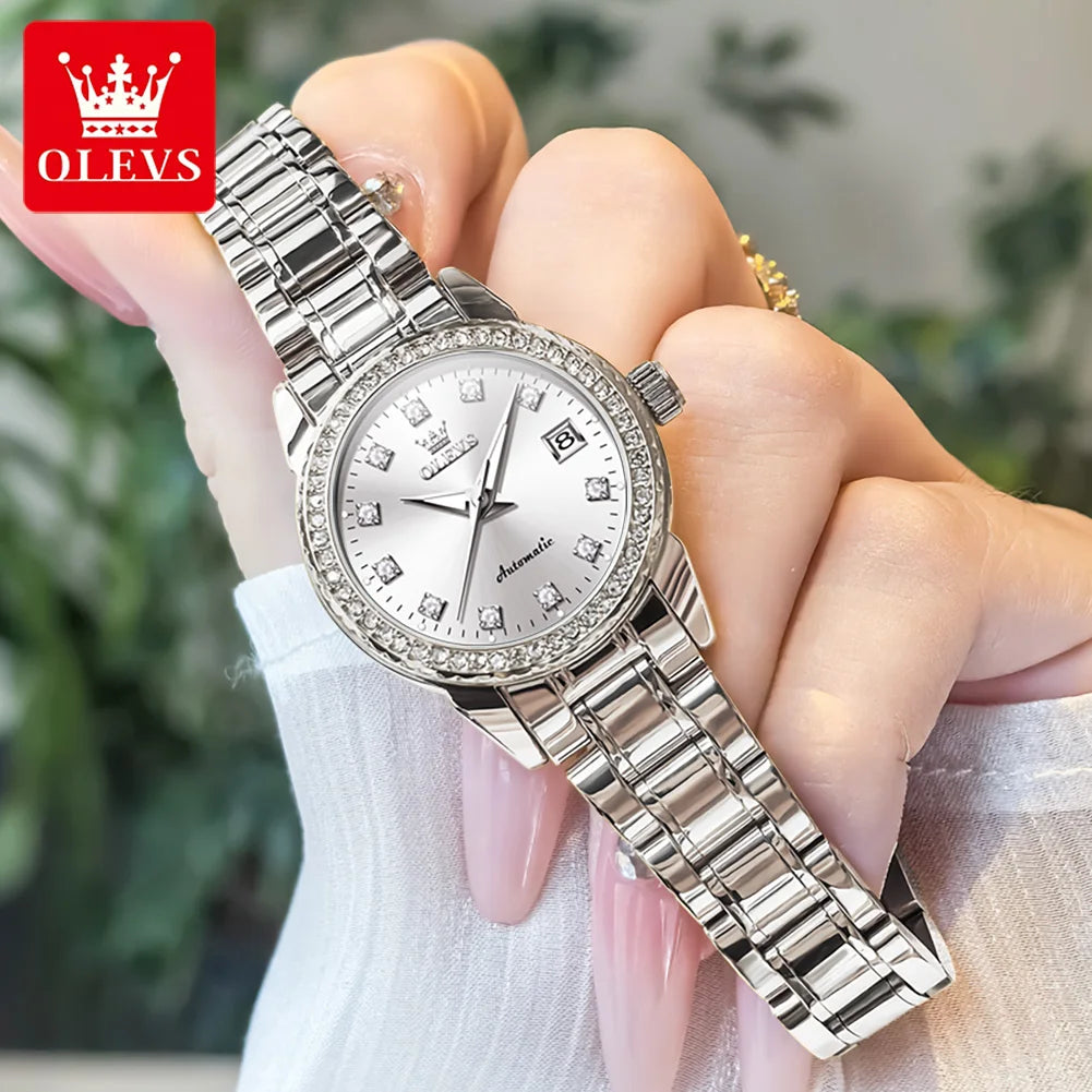 OLEVS 7003 Damen Automatikuhr Diamant-Skala Mechanische Uhr für Damen Stahlarmband Luxus Datum Damenuhr Wasserdicht