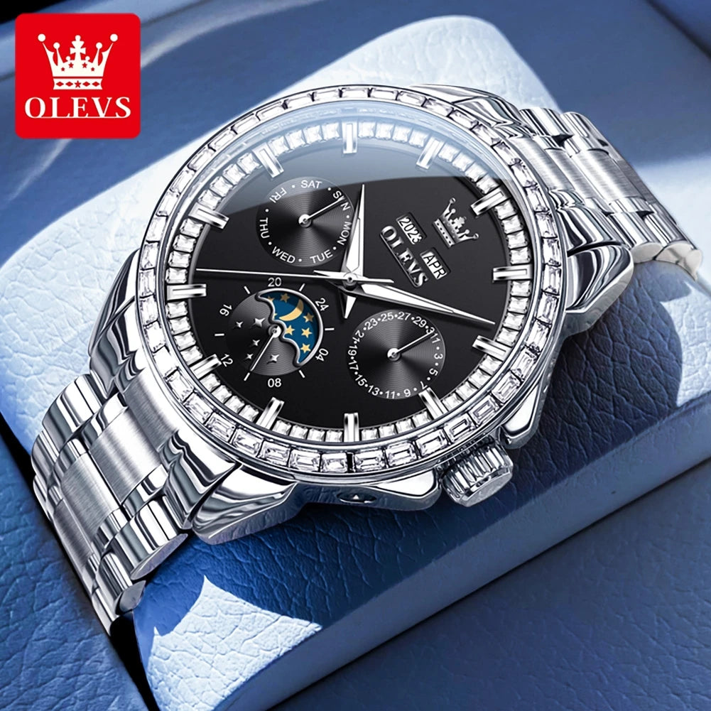 OLEVS 6695 Luxus-Geschäftsuhren für Herren, Mondphasen-Automatikuhr, wasserdichte Herrenarmbanduhr, Geschenkbox, Uhr