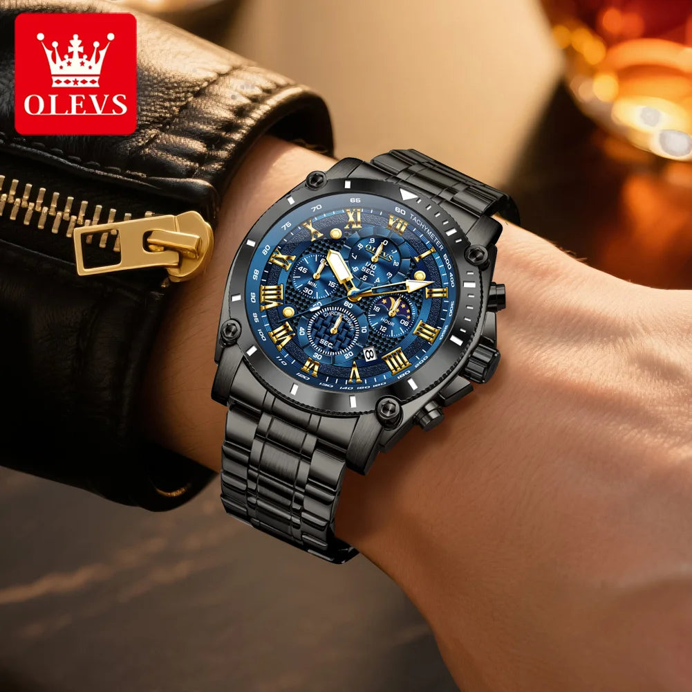 OLEVS 3689 Quartz Men Watch Fashion Original 47mm Big Dial Roman Scale Moon Phase Watch For Men Calendar Waterproof Hand Clock