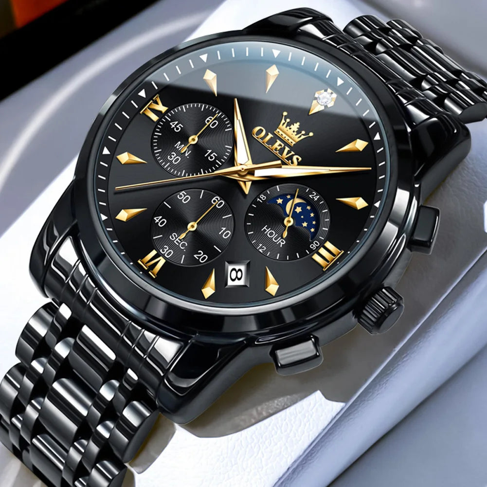 OLEVS 3639 Luxury Men's Watch Top Brand Moon Phase Chronograph Quartz Watches For Man Auto Date Fashion Waterproof Man Clock