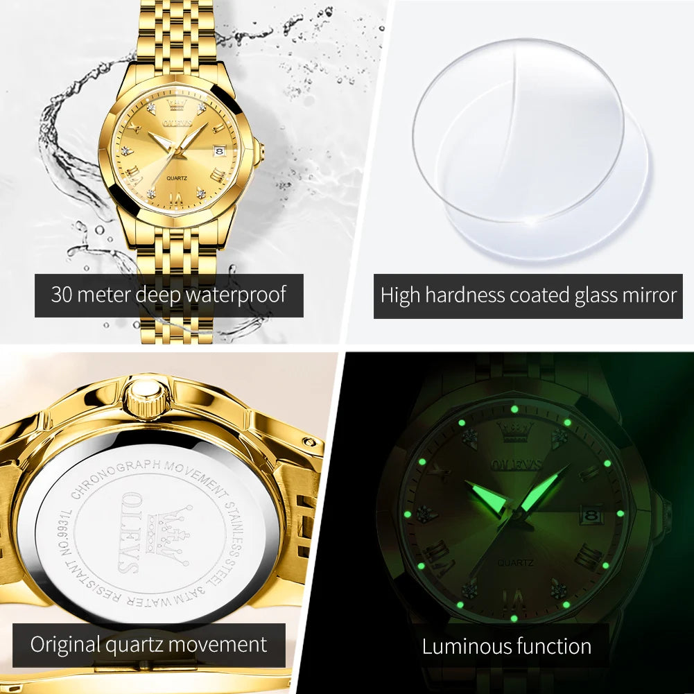 OLEVS 9931 Uhr für Herren und Damen Römische Skala Quarz-Paaruhr Rhombus-Spiegel Automatisches Datum Armbanduhr Luxus Wasserdichte Handuhr