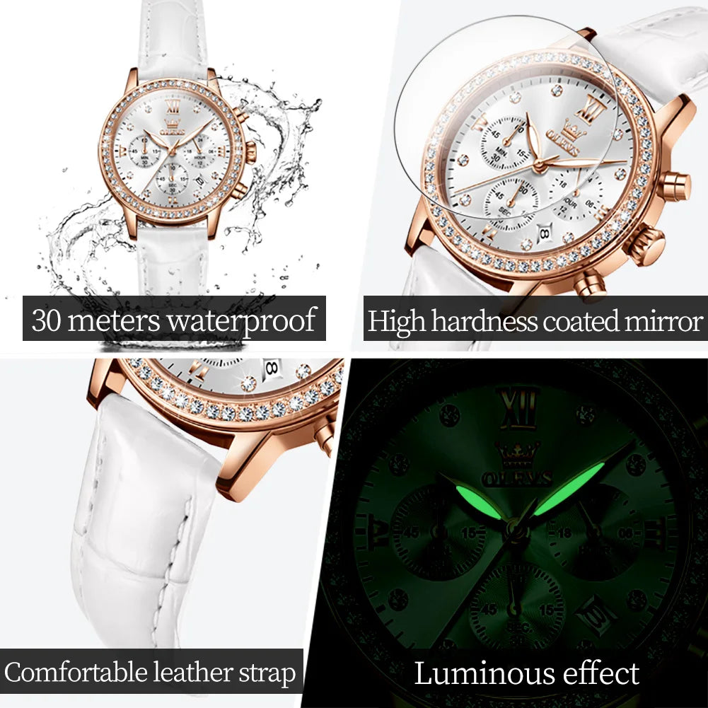 OLEVS 9933 Damen-Armbanduhr Luxus Diamant Quarz Uhr für Damen Chronograph Kalender Top Marke Armbanduhr Wasserdicht Leuchtend