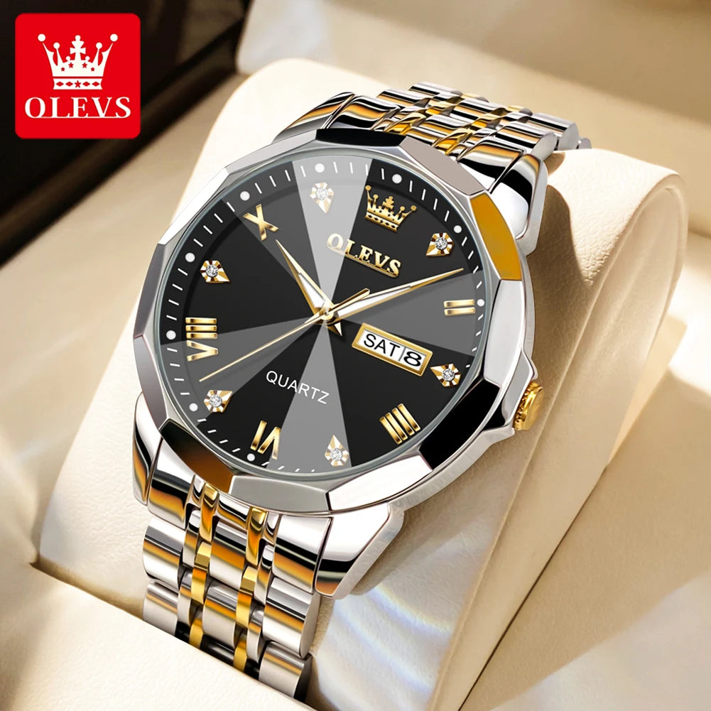 OLEVS 9931 Quarzuhr für Herren, Rauten-Spiegel, wasserdicht, leuchtend, Edelstahl-Armbanduhren, Doppelkalender, Herren-Armbanduhr
