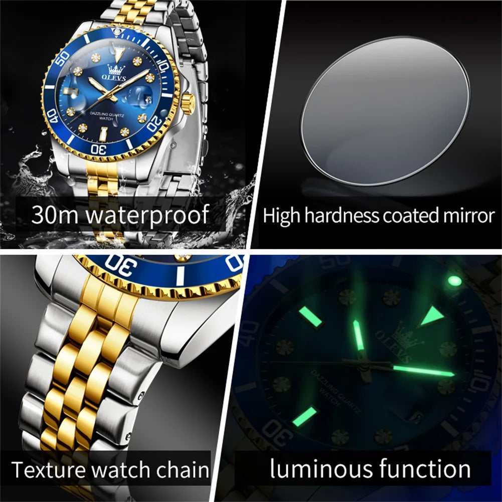 OLEVS 9809 Herrenuhr Luxus Mode Datum Quarzuhr für Herren Edelstahl Original Wasserdicht Business Herren-Armbanduhr