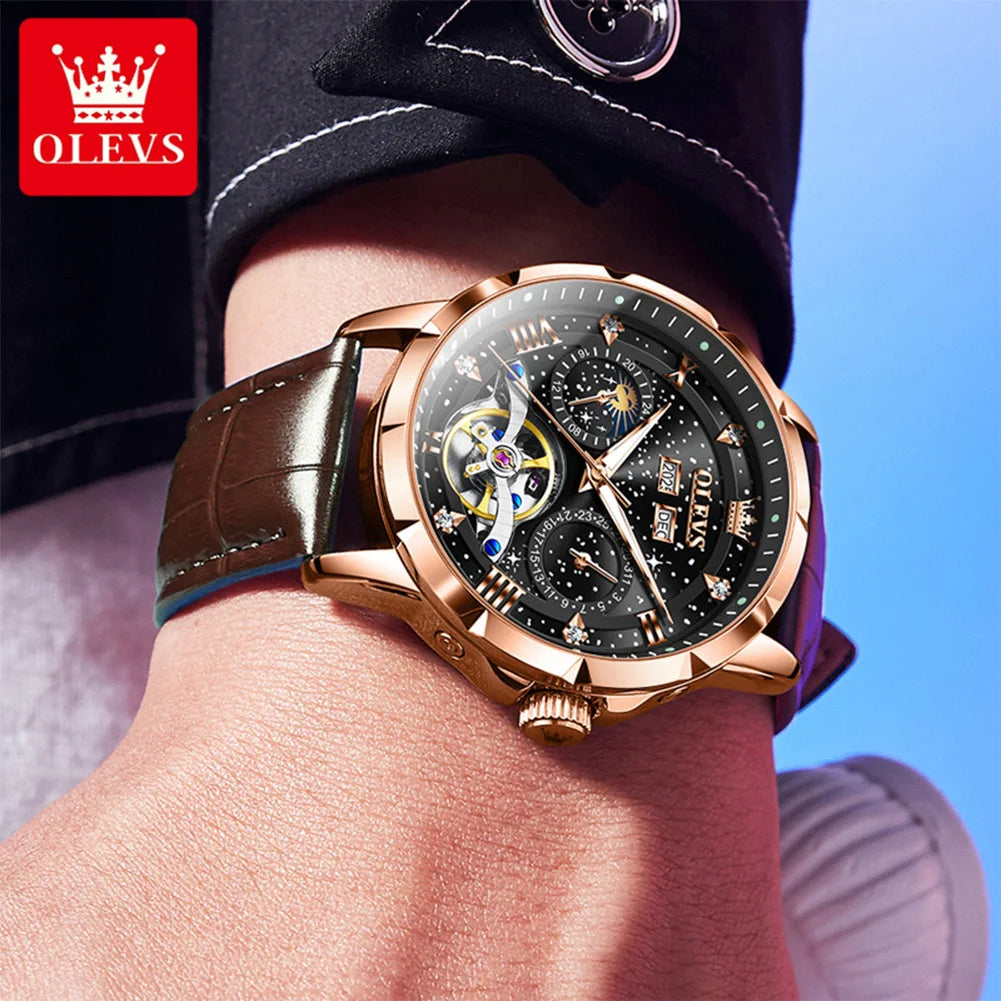 OLEVS 6690 Herrenuhr, hohle Mode-Datumsuhr, mechanische Uhr für Männer, Mondphase, tief wasserdicht, leuchtend, Original Herren Armbanduhr