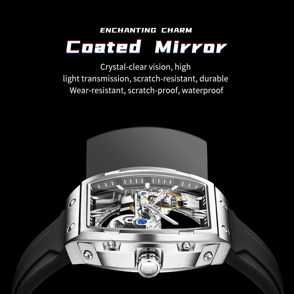 OLEVS 6779 Herrenuhr Skelett Luxus Tonneau Mechanische Uhren für Männer Wasserdichtes Silikonarmband Automatische Handaufzugsuhr Geschenkbox