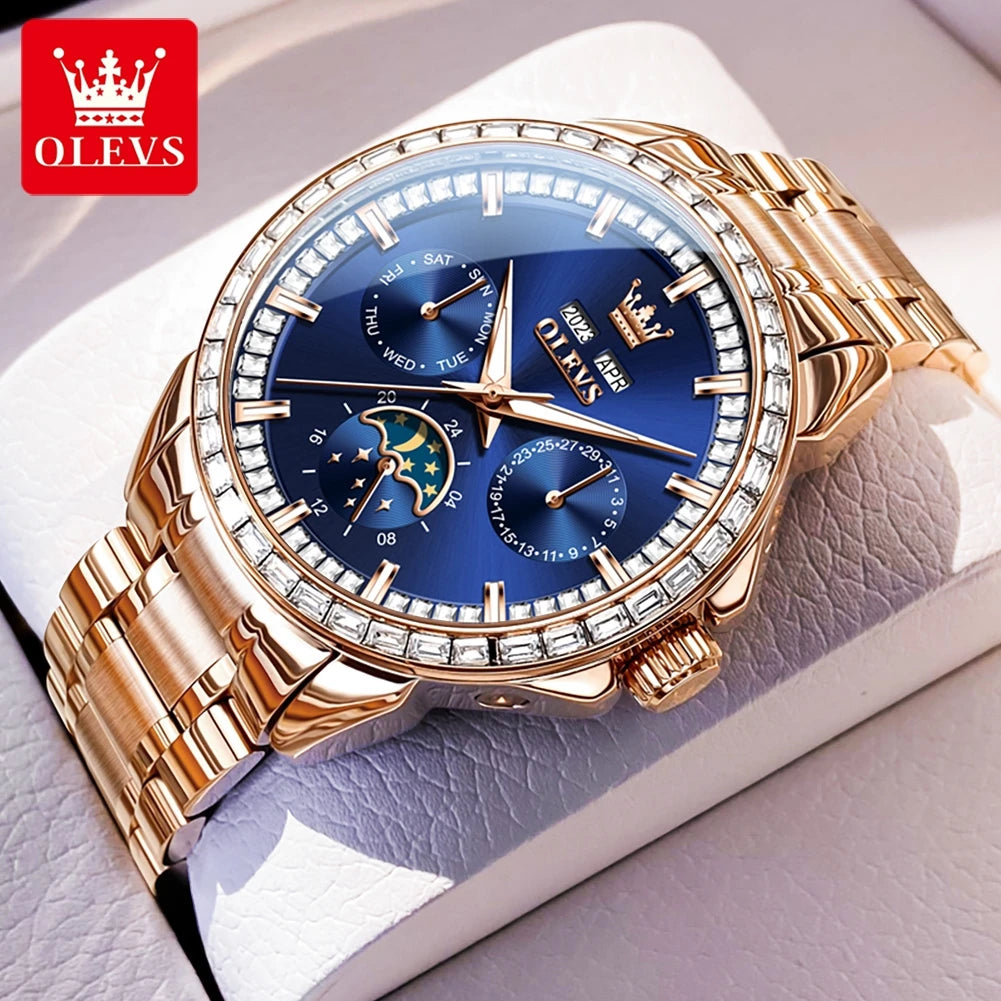 OLEVS 6695 Luxus-Geschäftsuhren für Herren, Mondphasen-Automatikuhr, wasserdichte Herrenarmbanduhr, Geschenkbox, Uhr
