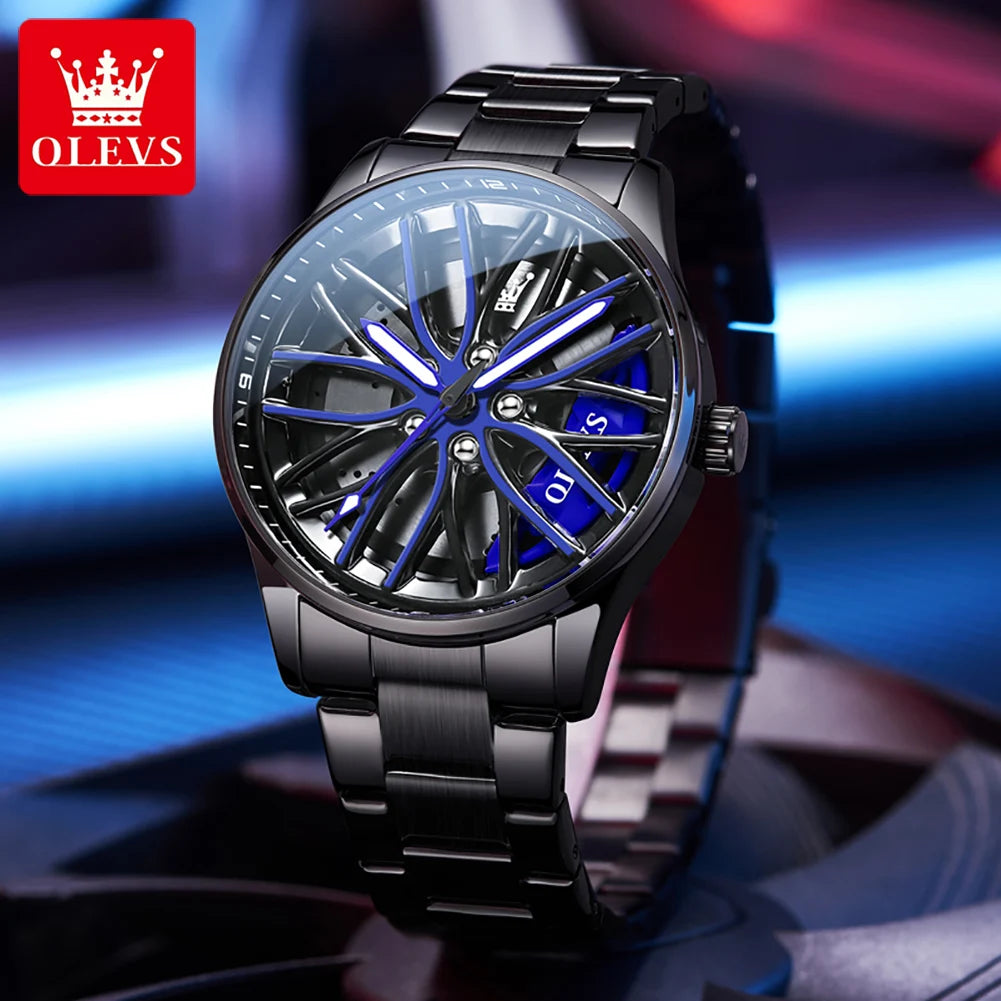 OLEVS Herrenuhr Quarzuhr Original drehbares Radnaben-Zifferblatt Modetrend Wasserdicht Leuchtend Edelstahl Armbanduhr 9937