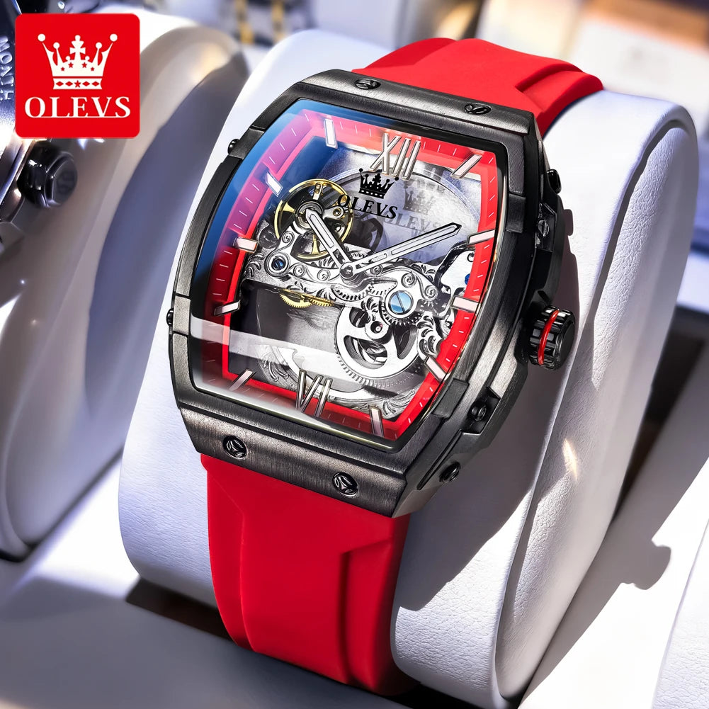 OLEVS 6779 Herrenuhr Skelett Luxus Tonneau Mechanische Uhren für Männer Wasserdichtes Silikonarmband Automatische Handaufzugsuhr Geschenkbox