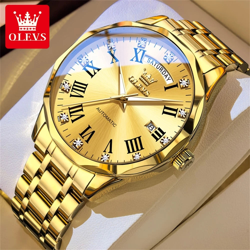 OLEVS 6780 Luxus Business Automatikuhr für Herren, römische Ziffern, Doppelkalender, wasserdicht, Edelstahl