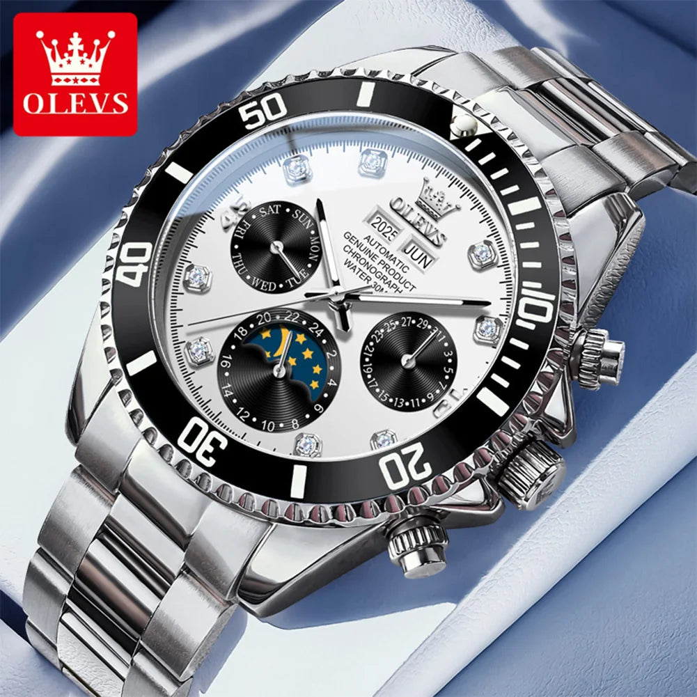 OLEVS 6729 Herren Automatikuhr Luxus Business Mondphase Mechanische Uhr für Herren 30M Wasserdicht Kalender Original Handuhr