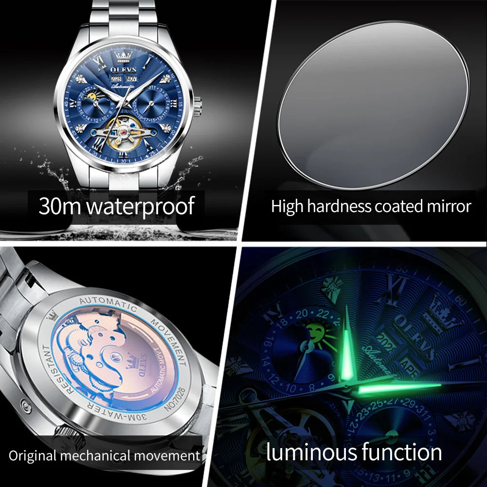 OLEVS 7028 Herren Automatikuhr Hohl Skelett Mechanische Uhr für Herren Wasserdicht Moonswatch Automatisches Datum Römische Skala Handuhr