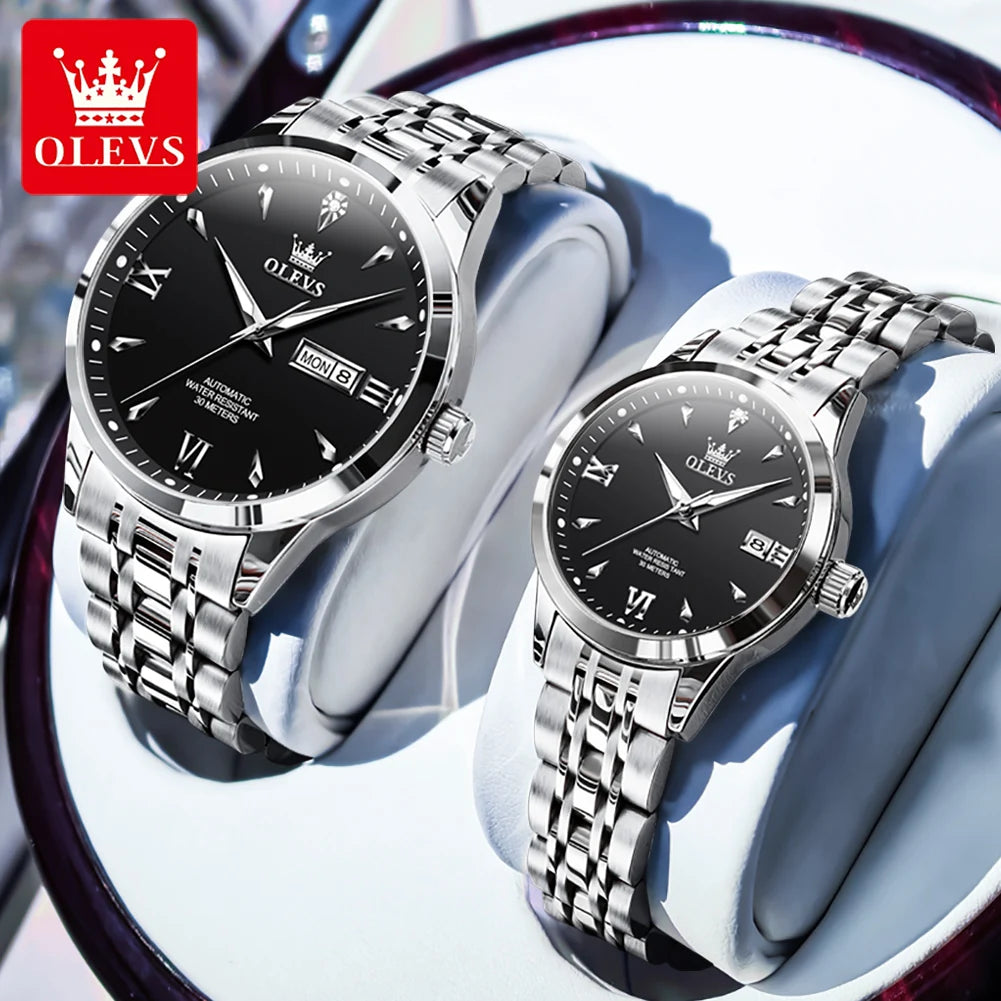 OLEVS 9956 Uhren für Paare Automatische Mechanische Uhren Dual-Kalender Original Edelstahl Zeigeruhr Wasserdicht 9956