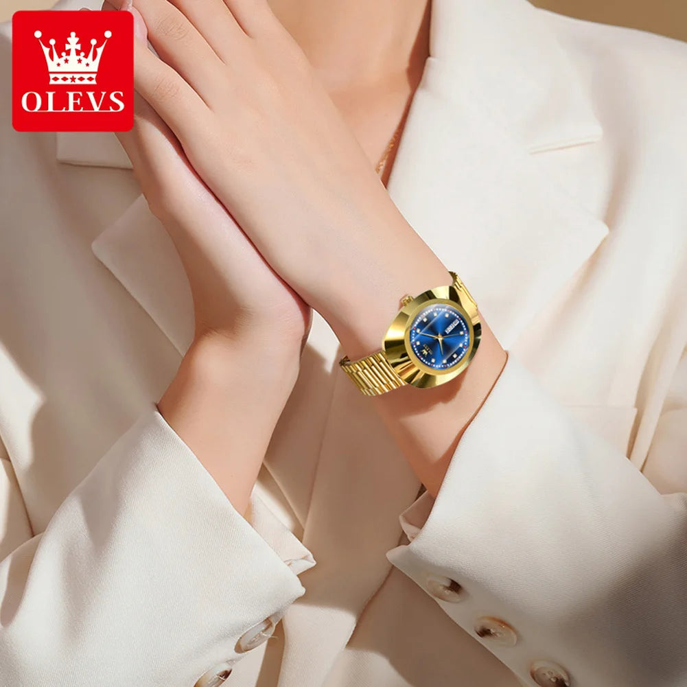 OLEVS 7017 Damenuhr Diamant Luxus Großes Zifferblatt Doppelkalender Quarz-Armbanduhren Top-Marke Wasserdichte Handuhr