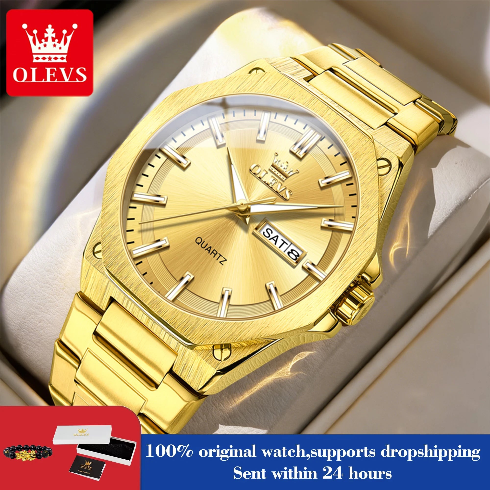 OLEVS Herrenuhren Quarzuhren Wasserdicht Leuchtend Wochentag Datum Edelstahl Luxus-Goldarmbanduhren Für Herren Reloj 3733