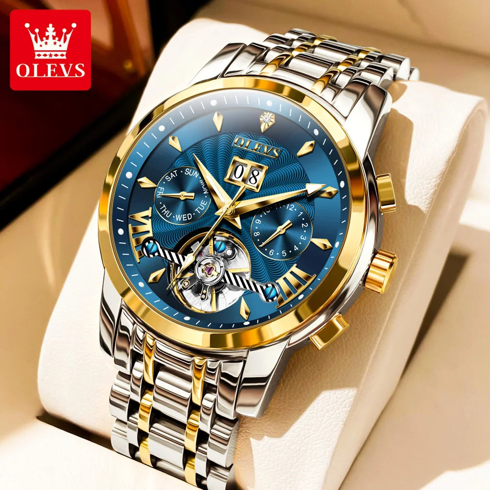 OLEVS 9965 Automatikuhr für Herren, Skelett, Schwungrad, wasserdicht, Herrenuhren, Wochenkalender, Luxus-Herren-Mechanik-Armbanduhr