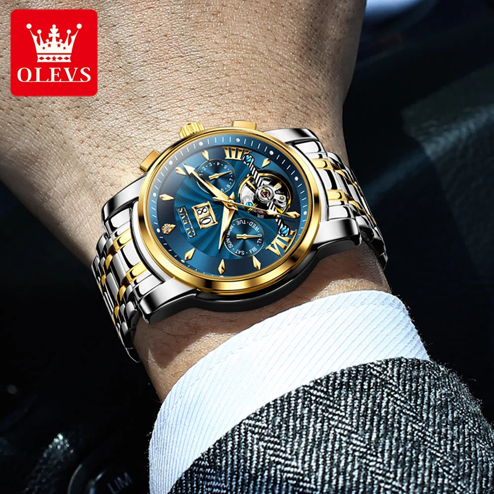 OLEVS 9965 Erkek Otomatik Saat İskelet Uçan Tekerlek Su Geçirmez Erkek Kol Saatleri Hafta Takvimi Lüks Erkek Mekanik Kol Saati