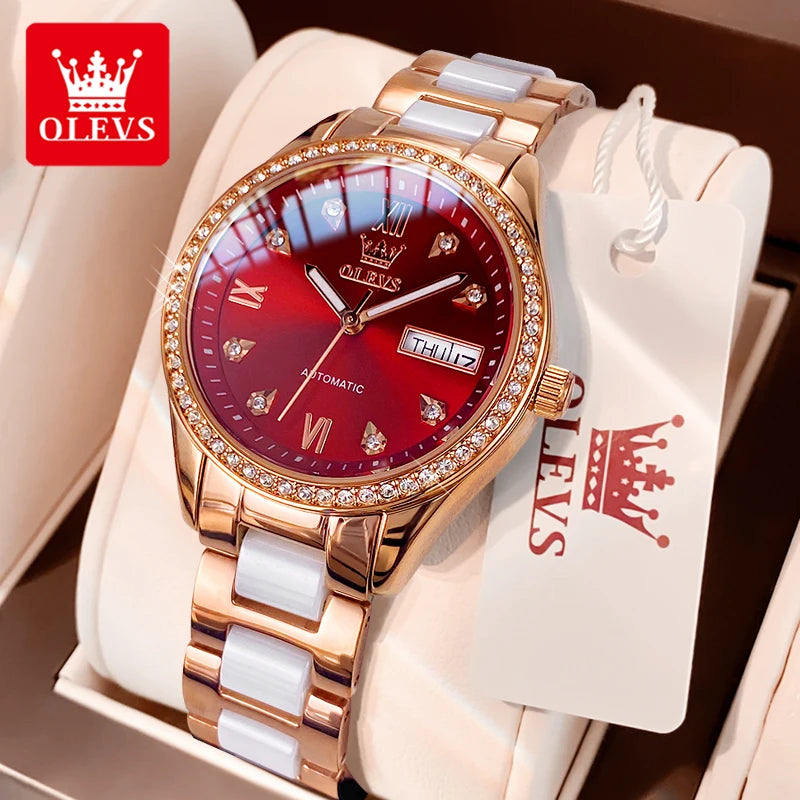 OLEVS 6637 Damenarmbanduhren Wasserdichte Dual-Kalender Mechanische Uhr für Frauen Original Diamant-Skala Leuchtende Luxus-Handuhr