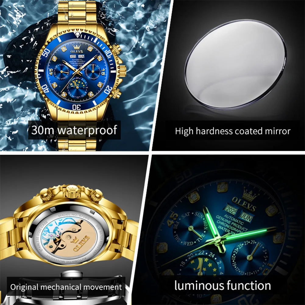 OLEVS 6729 Herren Automatikuhr Luxus Business Mondphase Mechanische Uhr für Herren 30M Wasserdicht Kalender Original Handuhr