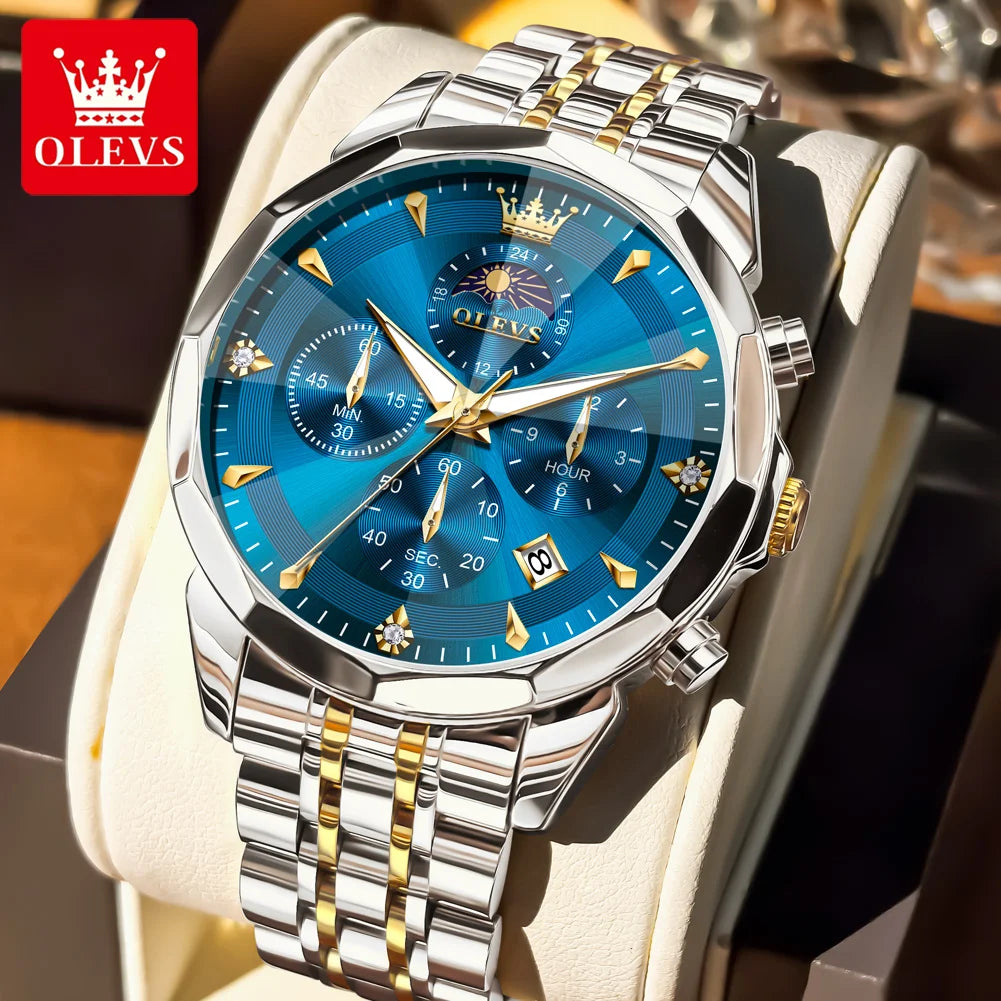 OLEVS 3673 Man Watch Fashion Chronograph Quartz Watch For Men 43mm Big Dial Moon Phase Calendar Waterproof Original Hand Clock