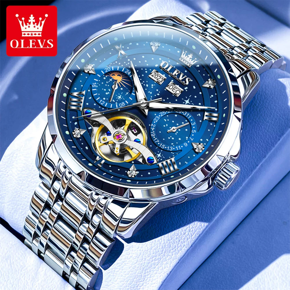 OLEVS 6690 Herrenuhr, hohle Mode-Datumsuhr, mechanische Uhr für Männer, Mondphase, tief wasserdicht, leuchtend, Original Herren Armbanduhr