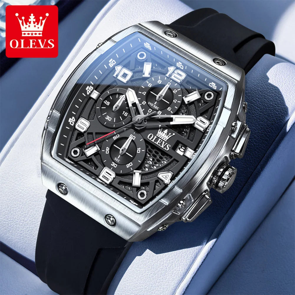 OLEVS 2976 Herrenuhr Chronograph Datum Quarzuhr für Herren Ziffernskala Tonneau Großes Zifferblatt Wasserdichtes Silikonarmband Armbanduhr