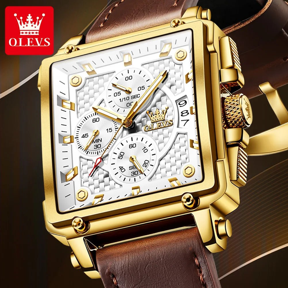 OLEVS Uhr Lässige Mode Quadratische Quarzuhr für Herren Wasserdichte Leuchtende Lederarmband Datumsanzeige Herrenuhr Topseller 9925